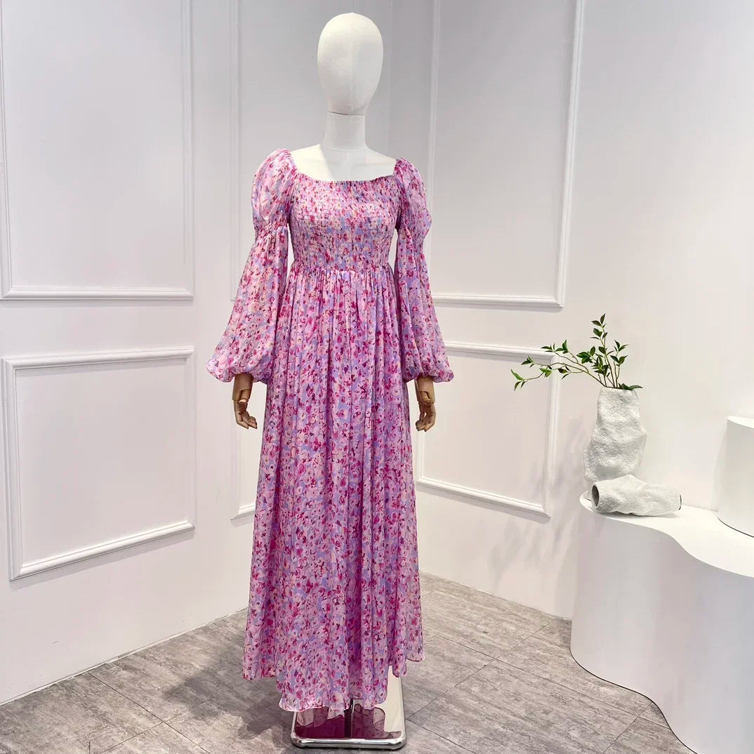 jinran 2024 New Floral Shirred Patchwork Puff Long Sleeves High Waist Chic Silk Maxi Dresses for Women