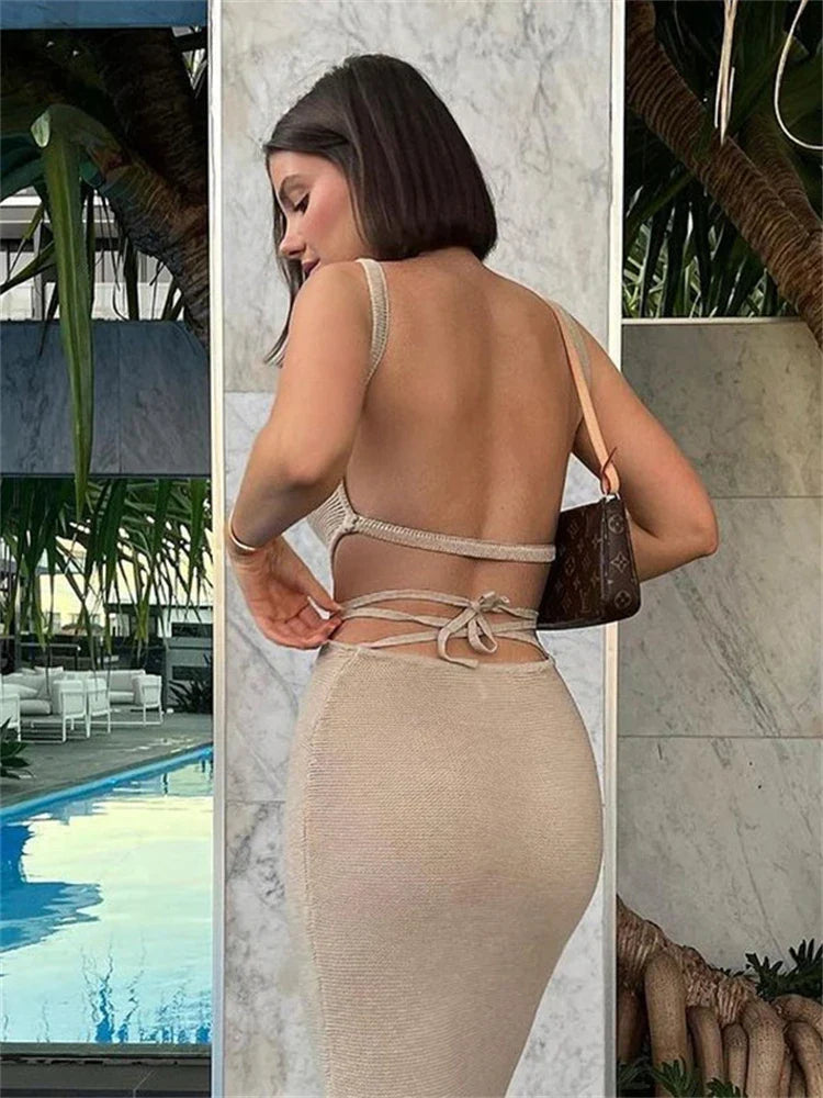 jinran Women Stripe Knitted Backless Sexy Bodycon Dress Bandage Contrast Color Spaghetti Strap Long Dresses Party Beach Summer
