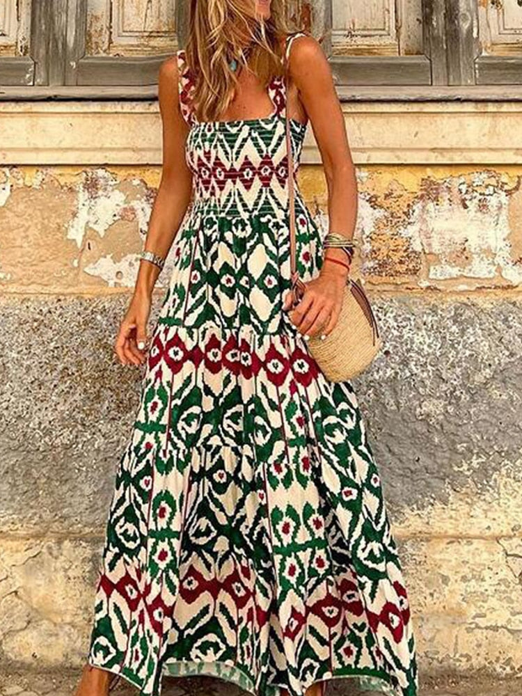 jinran Women's Fashion Retro Loose Print Sling Dress Summer Bohemia Style Beach Seaside Maxi Dress Elegant Chic New Pattern Long Dress