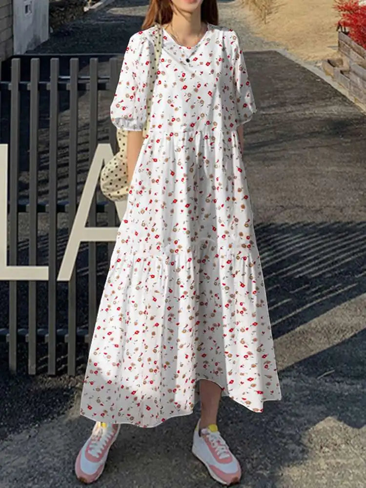 jinran Women Summer Floral Sundress Bohemian Printed Dresses Holiday Party Beach Dress Short Sleeve Maxi Vestidos Robe Femme