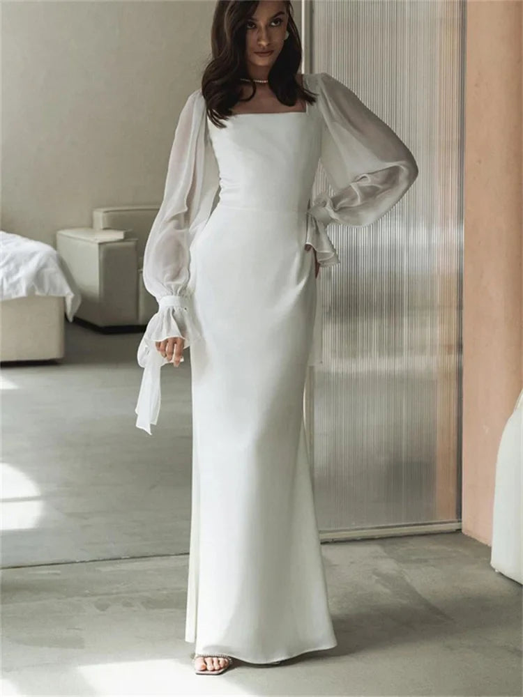 jinran White Ruffled Mesh Maxi Dress For Women High Waist Fashion Elegant Patchwork Slim Party Dress Female Lace-Up Long Dress