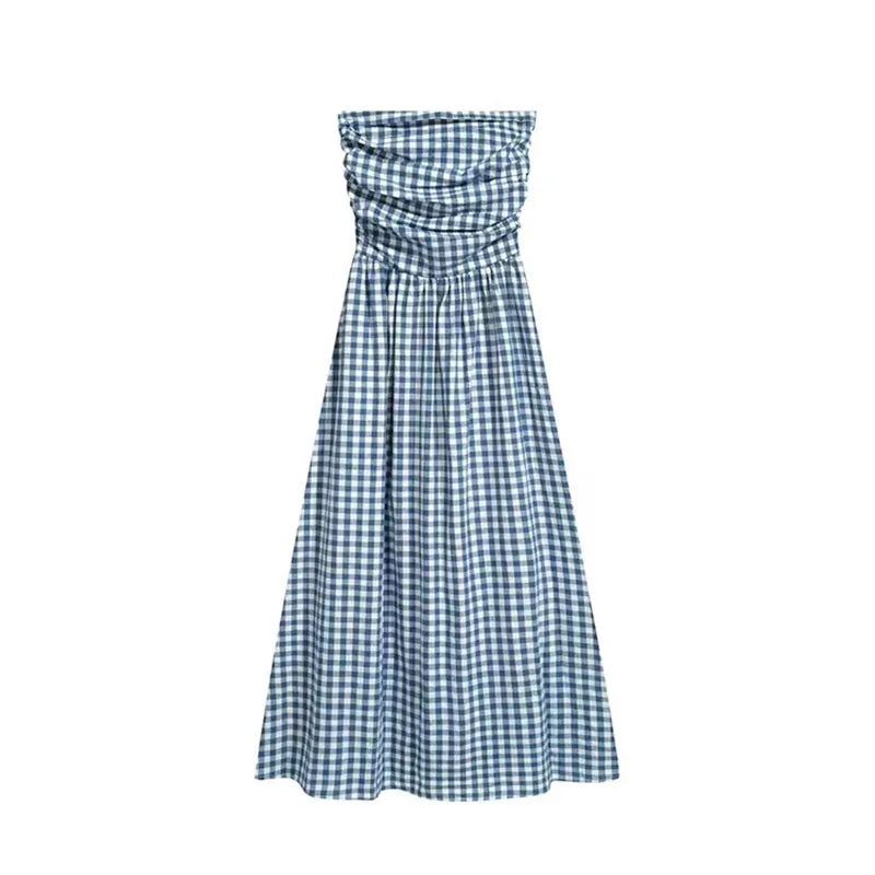 jinran Vintage Plaid Dress Women Summer Korean Elegant Tube Top All-Match Midi Dress Y2K Folds Off Shoulder Holiday Beach Vestidos