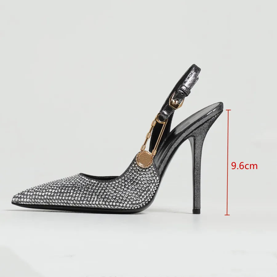 jinran Luxury Rhinestones Sequined Buckle Women Pumps Elegant Pointed toe Slingbacks Stiletto High heels Spring Summer Fashion Shoes