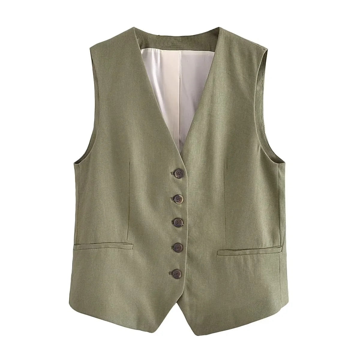 jinran Cotton Linen Brown Spring Summer Pockets Shorts Vest Set Sleevless Button Up V Neck Wide Leg Outfits 2 Pcs Suit Femme