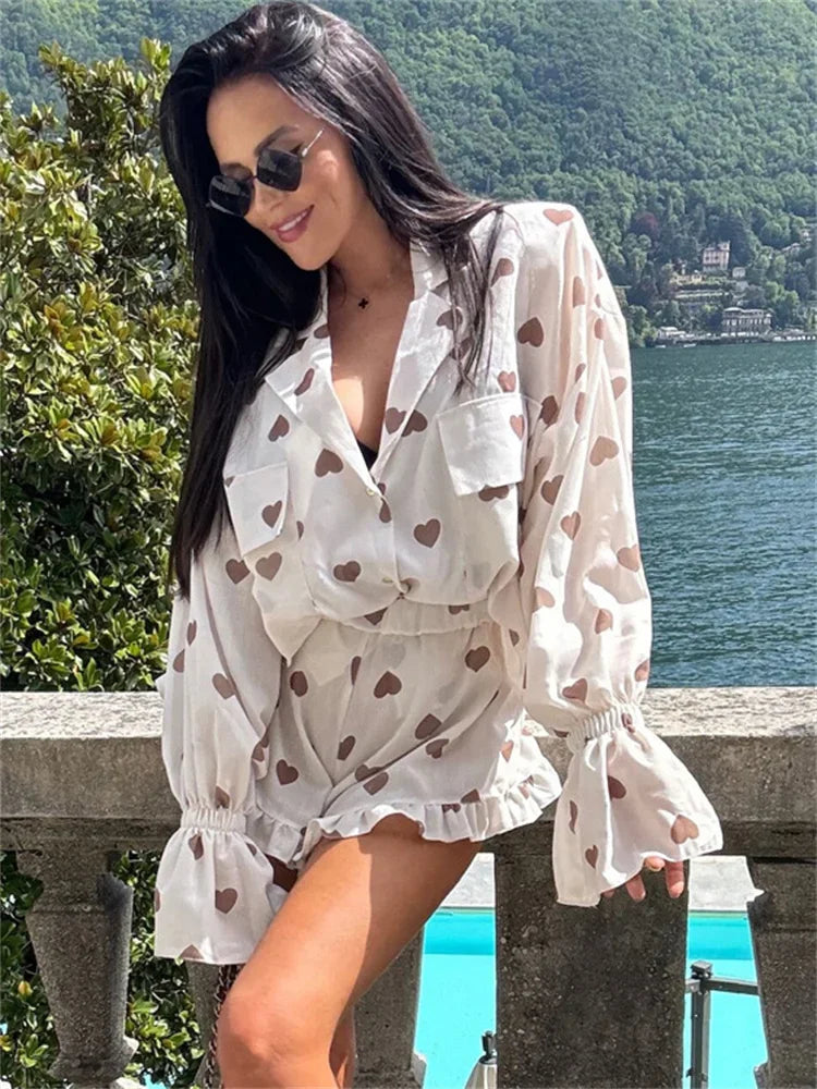 nvxiot - Autumn 2 Piece-Set Shorts For Women Printed Pocket Shirts And High Waist Slim Shorts Sets Female Casual Contrast Outfits