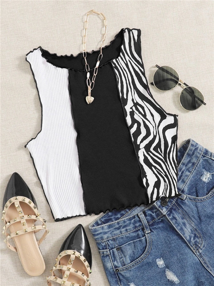 jinran Zebra Stripe Graphic Patchwork Rib Knit Ruched Crop Vest Women Y2K Clothes Summer Harajuku Sleeveless Tank Tops Streetwear