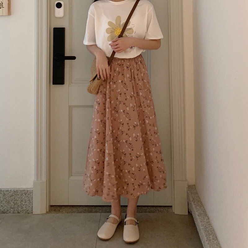 jinran Summer New Floral Print A Line Pleated Women Long Skirts 2022 Korean Fashion Elastic Waist Sweet Retro Midi Skirt Streetwear