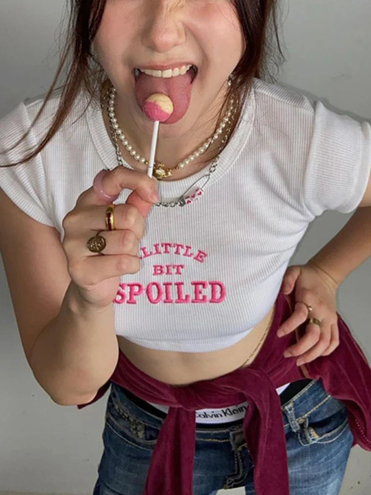 jinran Summer White Sexy Women's T-shirt Clothese Short Sleeve O-Neck Crop Top Letter Embroidery T Shirt Female Streetwear Cropped Tops