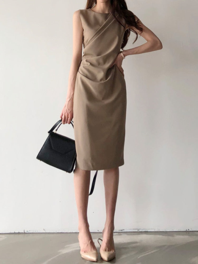 jinran Elegant Women Office Dress New Summer Sleeveless Bodycon Dresses Retro Women Midi Solid Black Long Robe Vestidos Mujer