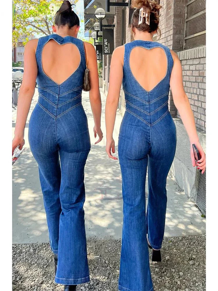 jinran Women's Jumpsuit Bodycon Backless Heart Hollow Out Summer Sexy Sleeveless Slim One-Piece Outfits Retro Denim Jumpsuits 2024