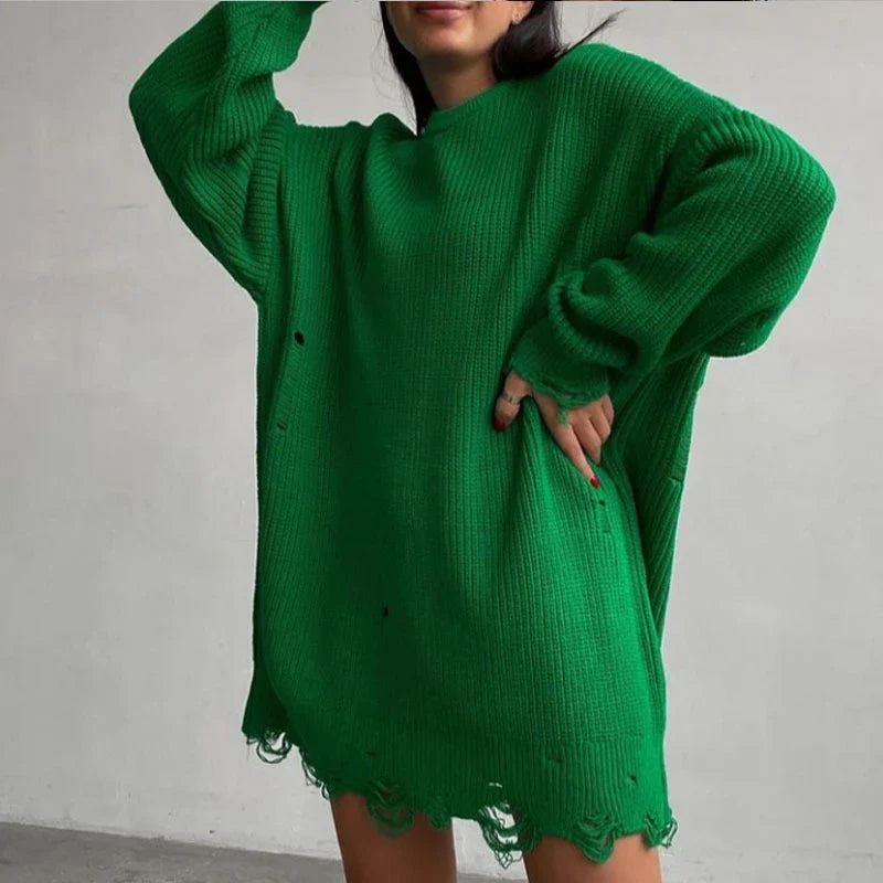 jinran Women Ripped Hole Knit Dress Autumn Winter Long Sleeve Mini Sweater Dresses Casual Loose Oversize Knitted Short Dresses