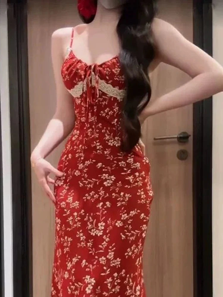 jinran Red Floral Sexy Slip Dress Women Elegant Vintage Long Lace Bodycon Dress Summer Beach One Piece Dress Female Korean Style Party