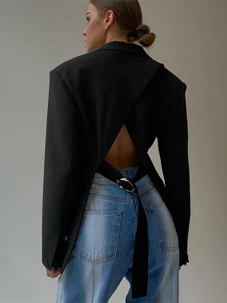 jinran Office Ladies 2024 Autumn Winter Oversized Blazers Jacket Women Backless Loose Fashion Open Stitch Outfits Elegant Coat Blazers