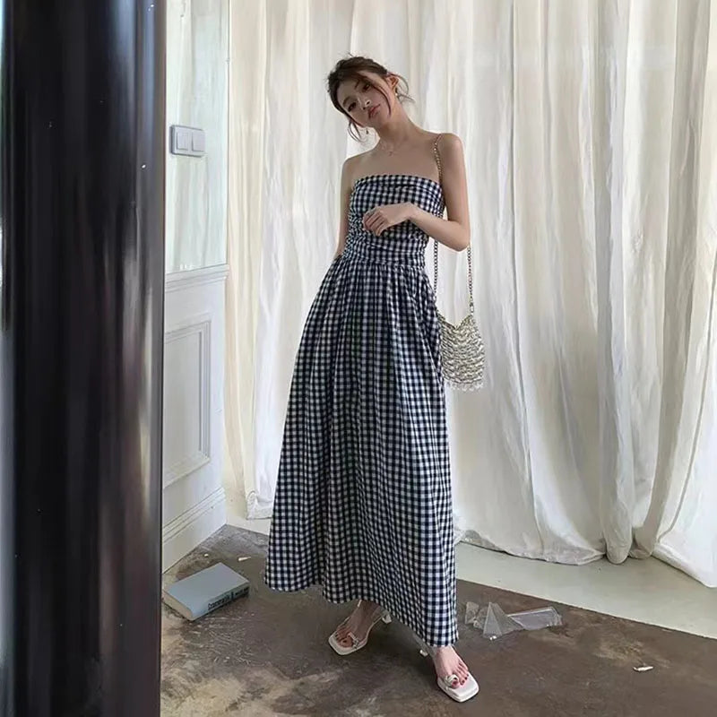 jinran Vintage Plaid Dress Women Summer Korean Elegant Tube Top All-Match Midi Dress Y2K Folds Off Shoulder Holiday Beach Vestidos
