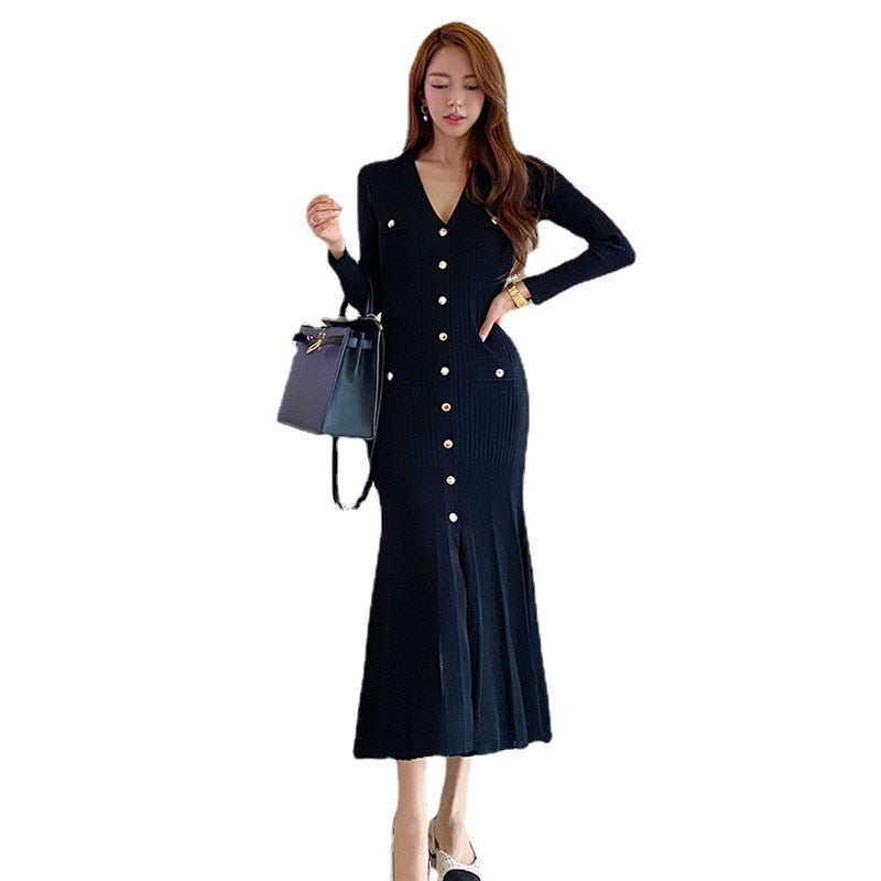 jinran Vintage Korean Maxi Dresses for Women Party Long Sleeve V-neck Mermaid Dress Elegant Fashion Ladies Vestidos Femme Autumn 2022