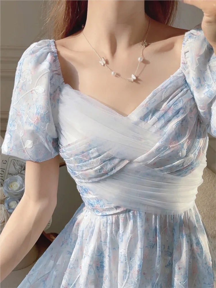 jinran Summer Puff Sleeve Women Dress For Party French Eleganrt Floral Print Vestidos Lady Dresses Sweet Birthday Female Robe A-line