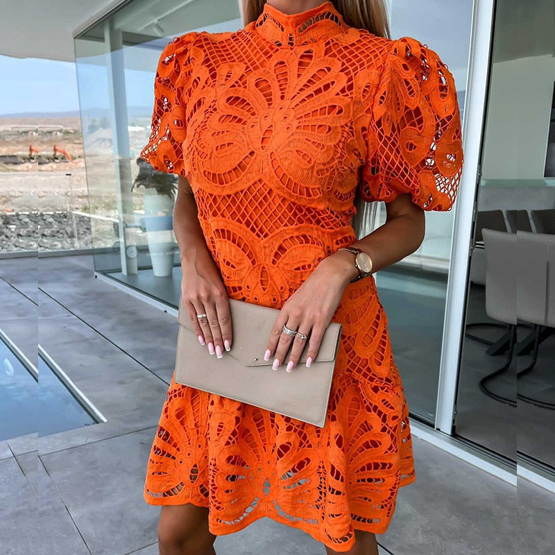 jinran Summer Loose Vintage Solid Color Lace Dress Fashion V-Neck Flare Sleeve Embroidery Dress Women New Hollow Out Pattern Mini Dress