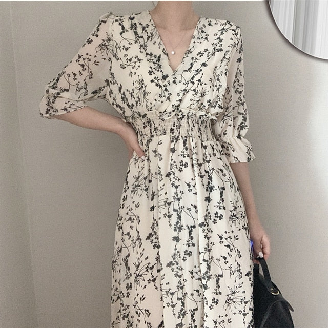 jinran Vintage Korea Fashion Clothing Summer Slim Elastic Waist A Line V Neck Elegant Office Lady Floral Chic Chiffon Long Dress Retro