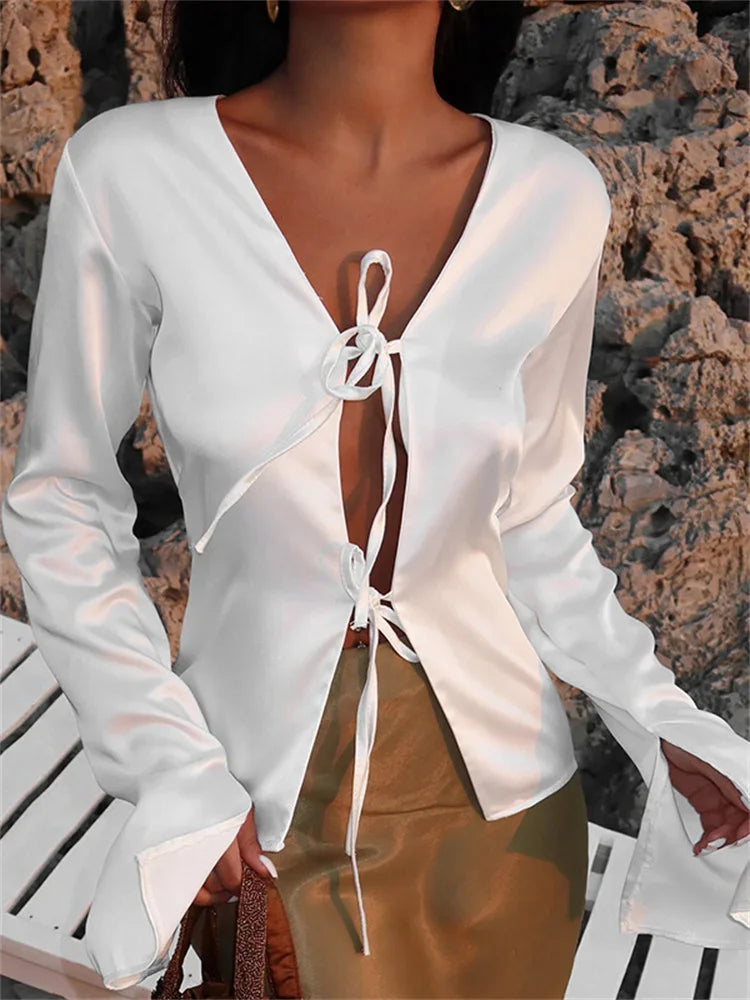 nvxiot - Satin Hollow Out Lace-Up Cardigan Top For Women V-Neck Solid Patchwork Cropped Shirts Casual Autumn Bandage Y2k Top Tee