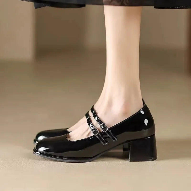 jinran High Heel Casual Pumps Square Toe Square Heel 2024 Brand Shoes Female Buckle Strap Autumn Solid Classics Pumps Tacón Alto