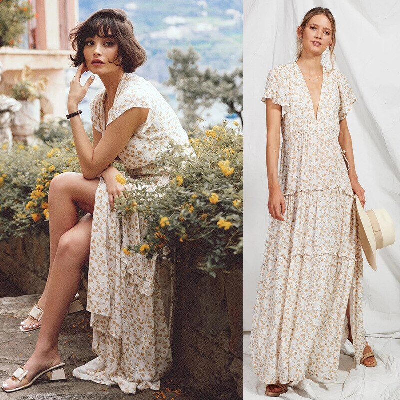 jinran Summer new women's fashion casual Bohemian floral V-neck patchwork dress