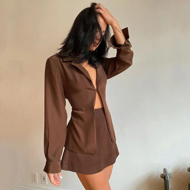 jinran Turn-down Collar Button Women Two Piece Set Black Long Sleeve Top High Waist Mini Skirt Ladies Summer Slim Casual Set