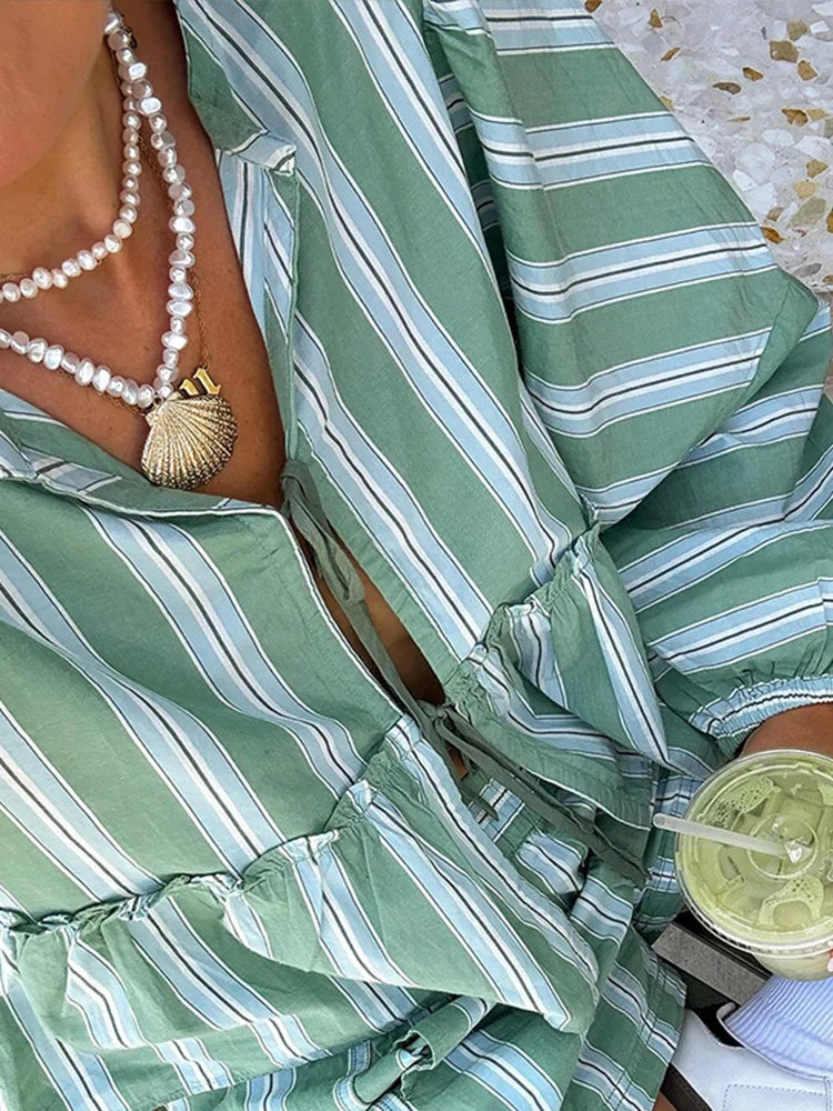 jinran Striped Lace Up Shorts Suit Women Ruffles Hollow Out Long Puff Sleeve Shirt Wide Leg Short Pant Sets 2024 Summer Holiday Outfit