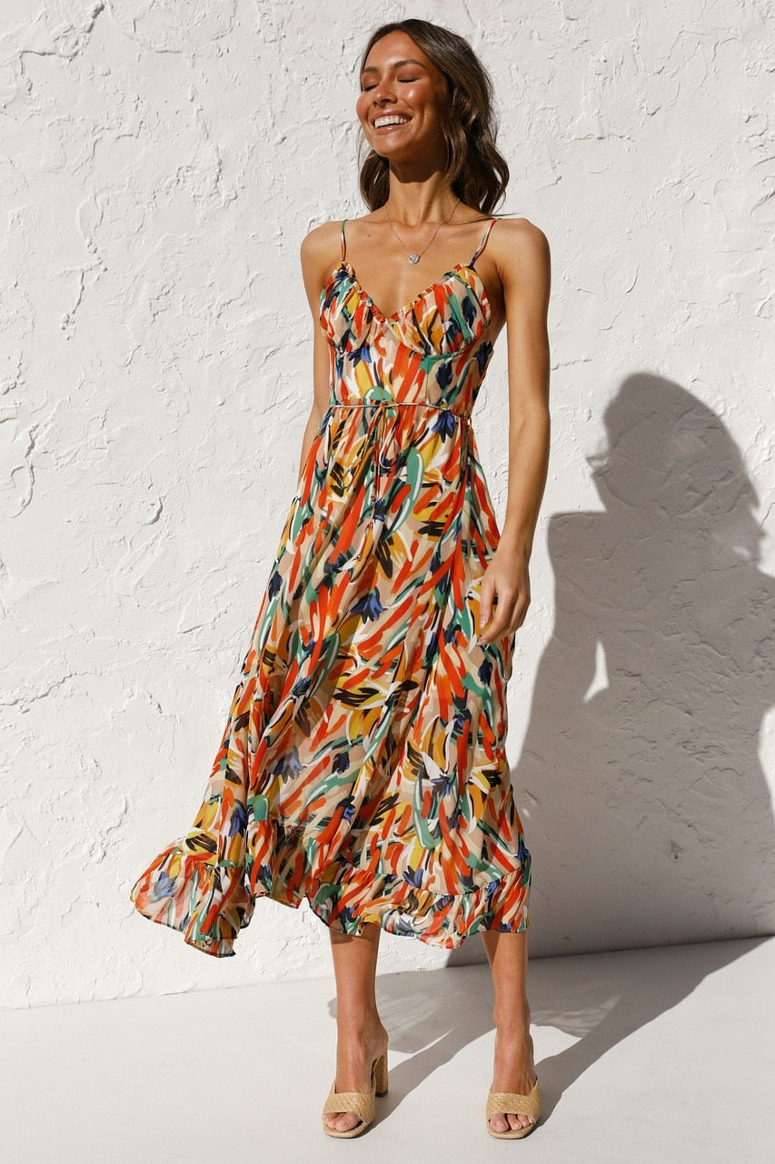 jinran Summer new women's fashion casual color print halter sleeveless deep v waist dress