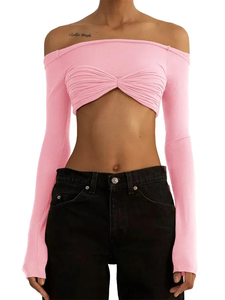 jinran Women Sheer Mesh Crop Top Twist See-Through Mesh Knit Copped Shirt Tops Bustier Off-Shoulder Long Sleeve Summer Hot Tops