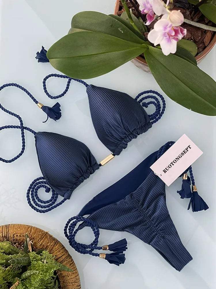 jinran Swimwear Thong Bikini Set 2024 New Blue Swimsuits Woman Sexy Bathing Suits Bikinis Triangle Bandage Female Beachwear Bikini