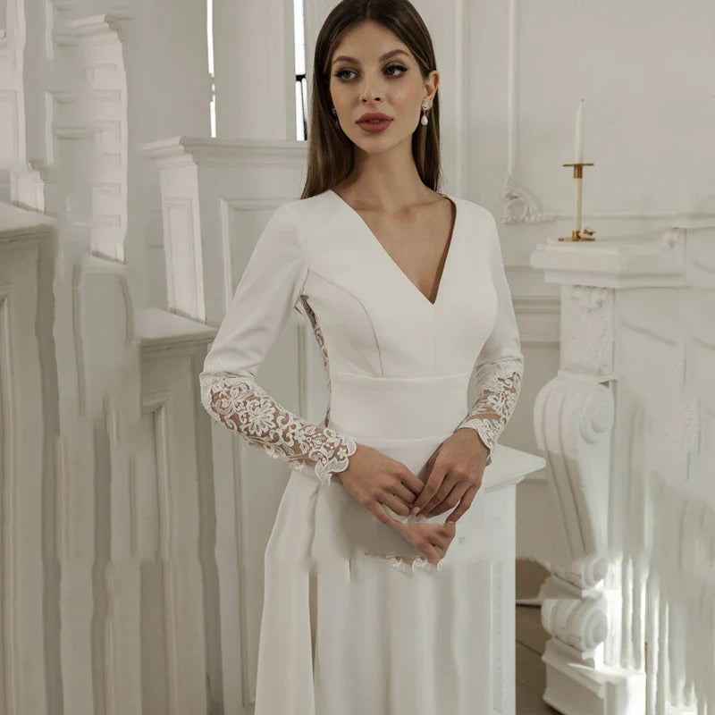 jinran Bridal Gown 2024 Fairy V-Neck Wedding Dress Chiffon Elegant Side Split Lace Applique Long Sleeves Vestidos De Novia