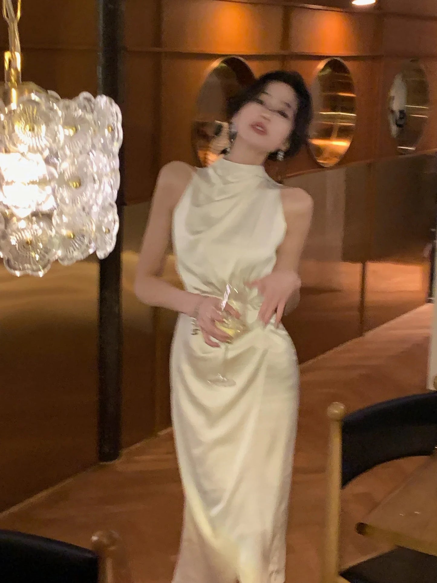 jinran Women Summer Halter Satin Midi Party Dress Sleeveless Bodycon Slim Casual Solid Birthday Vestidos Female One Pieces Fashion Robe