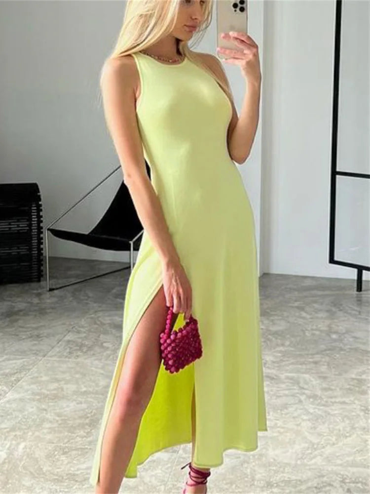 jinran Summer New Sleelvess Slim Bodycon Dress Women Casual High Split Out Solid Holiday Beach Sundress White Tank Dresses 2023
