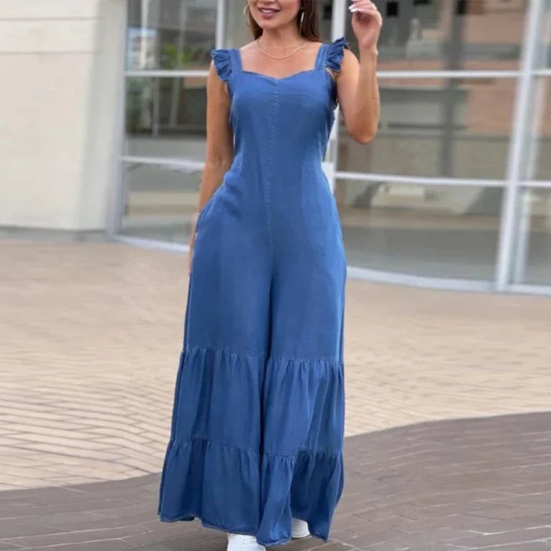 jinran Women Solid Imitation Denim Jumpsuits Spring V Neck High Waist Straight Playsuits Summer Backless Wide Leg Pleated Pants Rompers