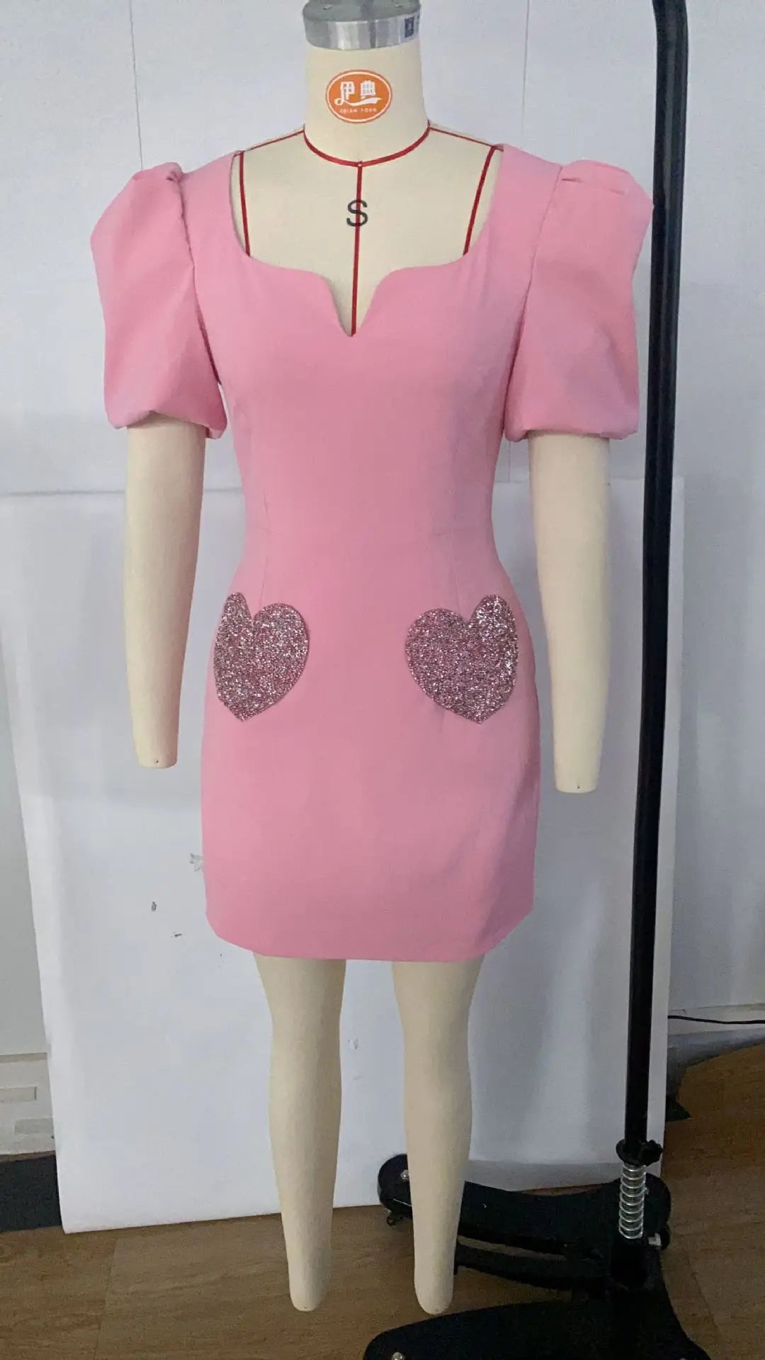 jinran 2024 Summer Dress Women Heart Shaped Sequins Party Mini Dress Female Puff Sleeve V Neck Robe Slim Elegant Pink Dresses Clothes