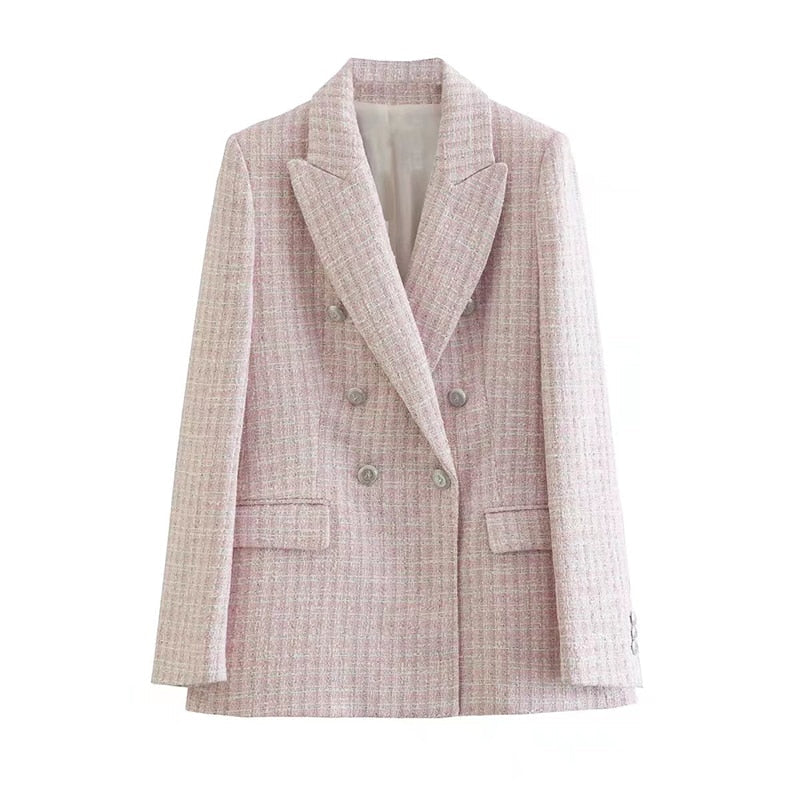 jinran Women Solid Tweed Double Breasted Blazer Coat Long Sleeve Pockets Outerwear Female Spring New Tops CD8395