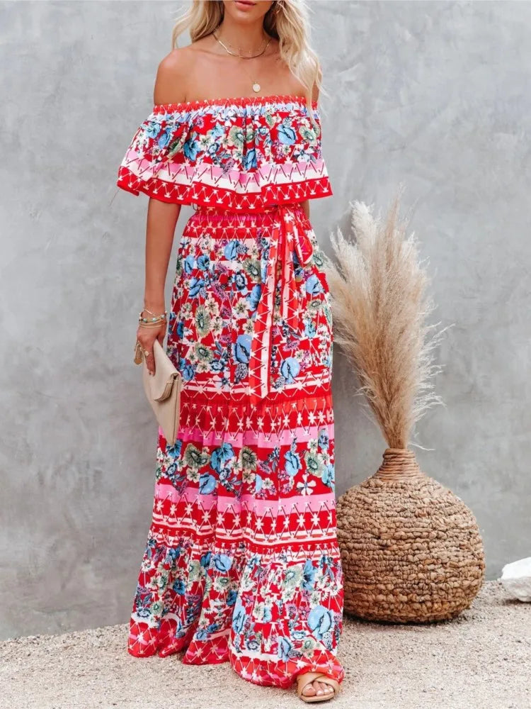 jinran Summer Women Print Boho Dress Fashion Sexy Slash Neck Maxi Dresses For Femme Casual Elegant Party Vestidos Robe 2024 New Female