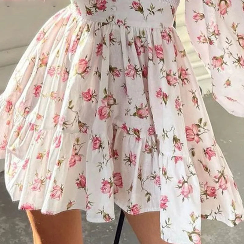 jinran Vintage Women Summer Mini Dress Long Sleeve Floral Print Ruffles V Neck High Waist A-Line Cocktail Vestidos