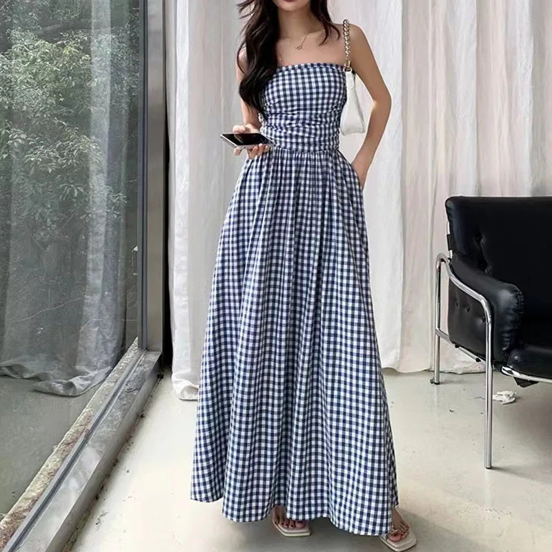 jinran Vintage Plaid Dress Women Summer Korean Elegant Tube Top All-Match Midi Dress Y2K Folds Off Shoulder Holiday Beach Vestidos