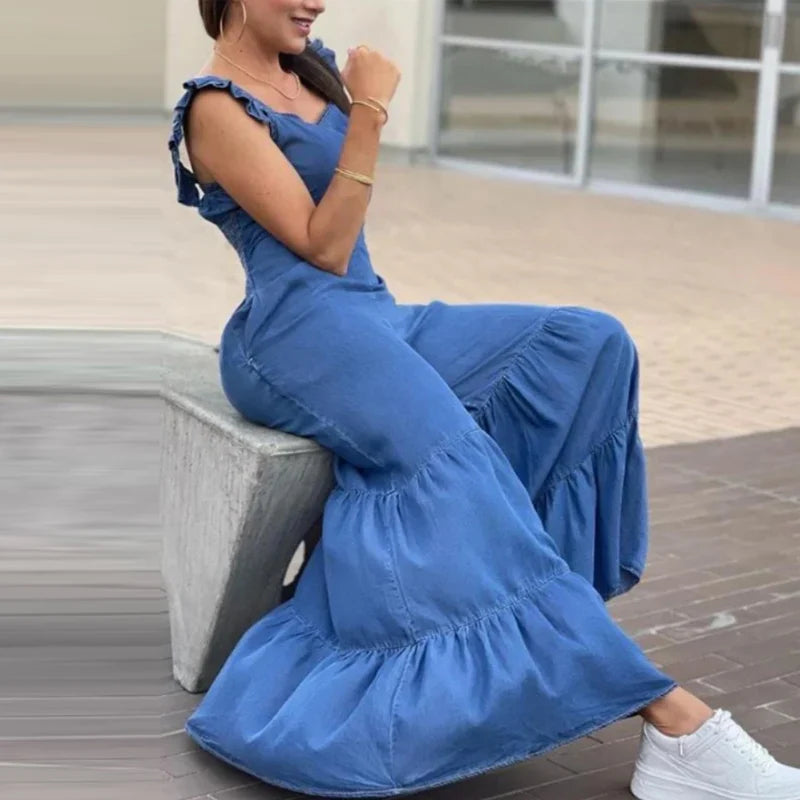 jinran Women Solid Imitation Denim Jumpsuits Spring V Neck High Waist Straight Playsuits Summer Backless Wide Leg Pleated Pants Rompers