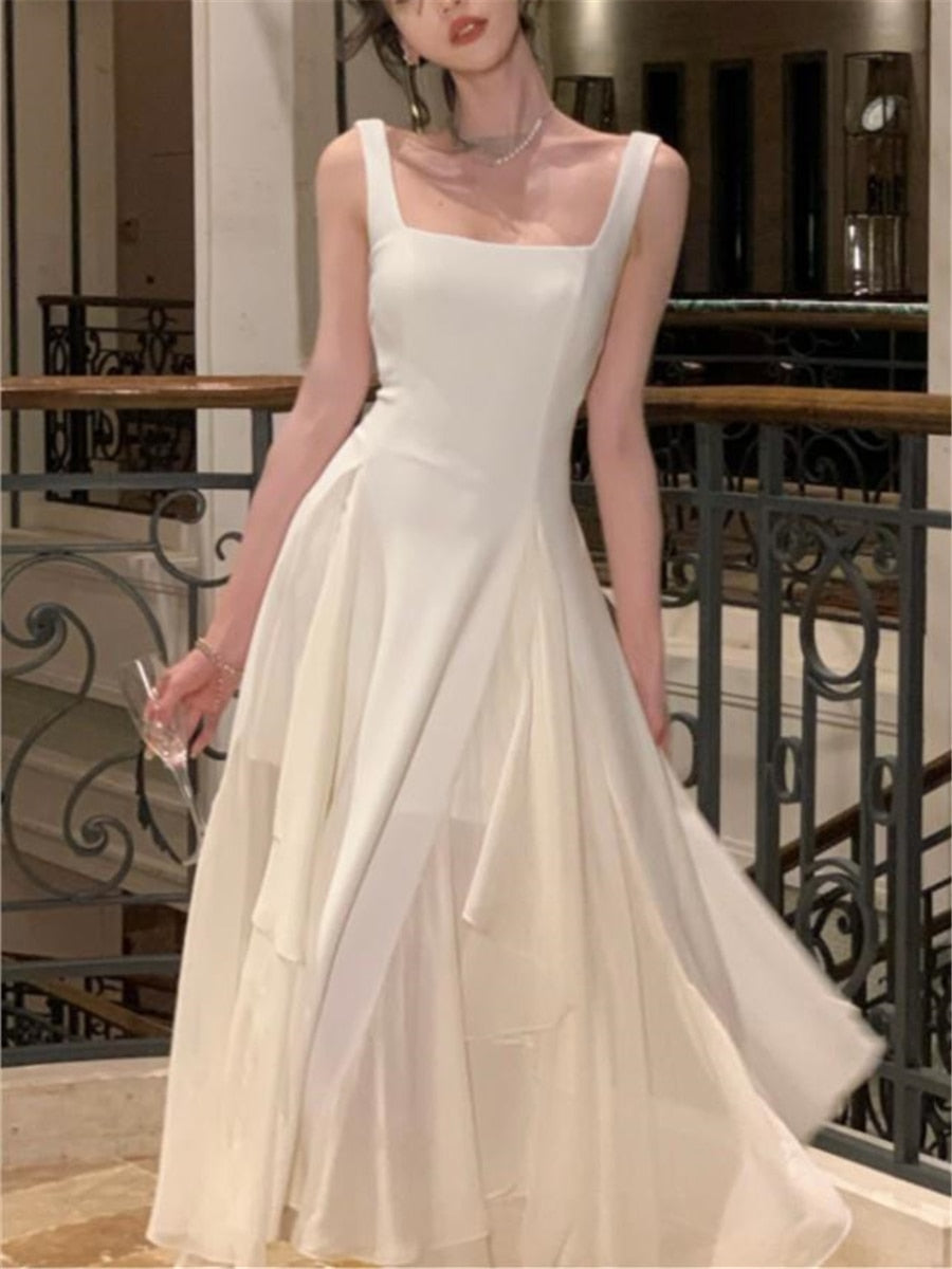 jinran Ruffles Midi Dresses Summer New Women French Elegant Square Neck Evening Party White Vestidos Fashion Princess Birthday Clothes