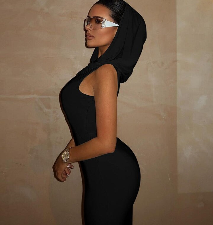 jinran Fashion Hooded Summer Sexy Y2K Clothes Sleeveless Bodycon Maxi Slit Dresses for Women Club Party Evening Streetwear