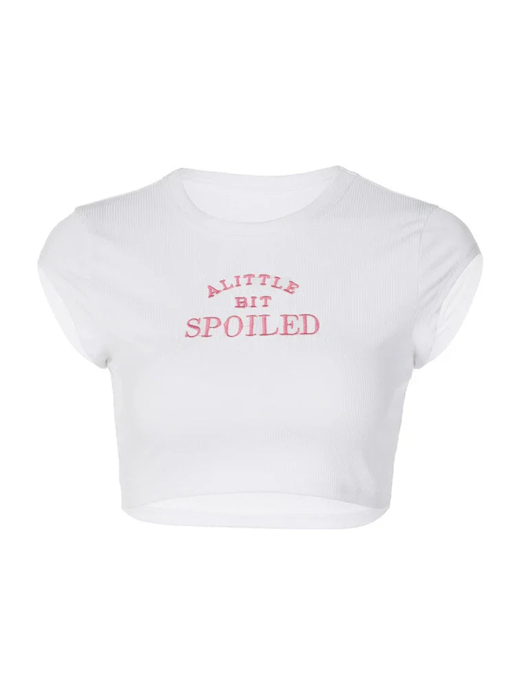 jinran Summer White Sexy Women's T-shirt Clothese Short Sleeve O-Neck Crop Top Letter Embroidery T Shirt Female Streetwear Cropped Tops