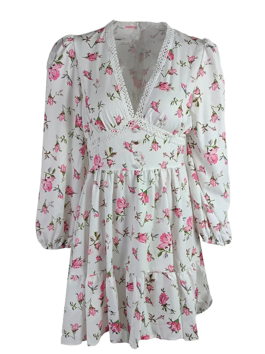 jinran Vintage Women Summer Mini Dress Long Sleeve Floral Print Ruffles V Neck High Waist A-Line Cocktail Vestidos