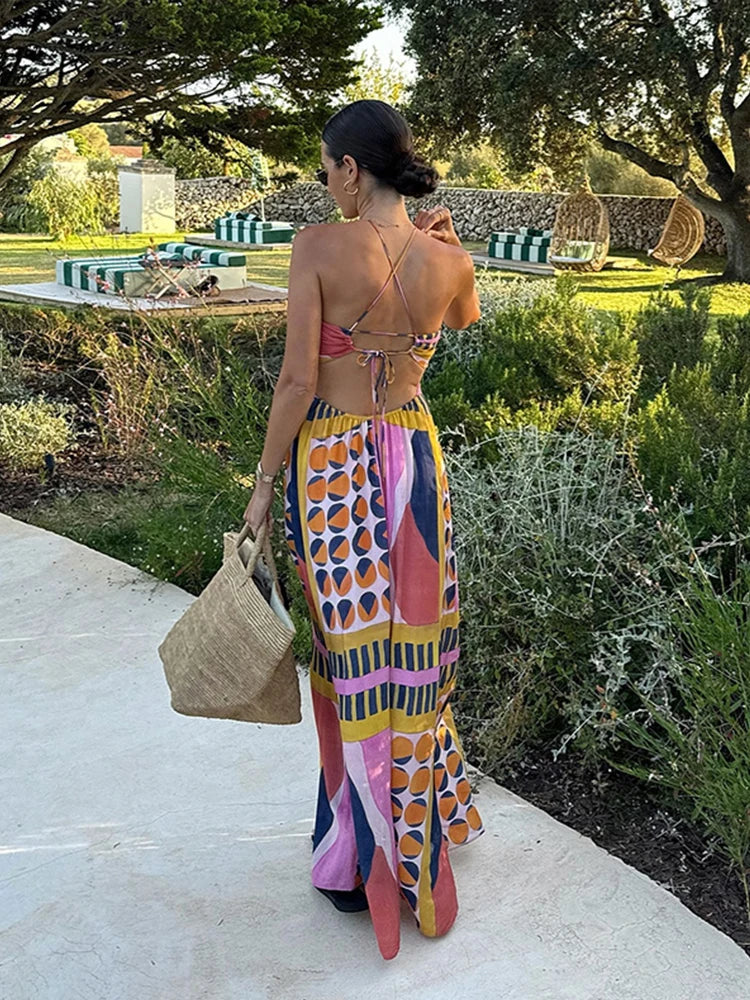jinran Summer Printed Halter Long Dress Women Sleeveless Backless Lace Up Empire Female Dresses 2024 Holiday Lady Fashion Robes