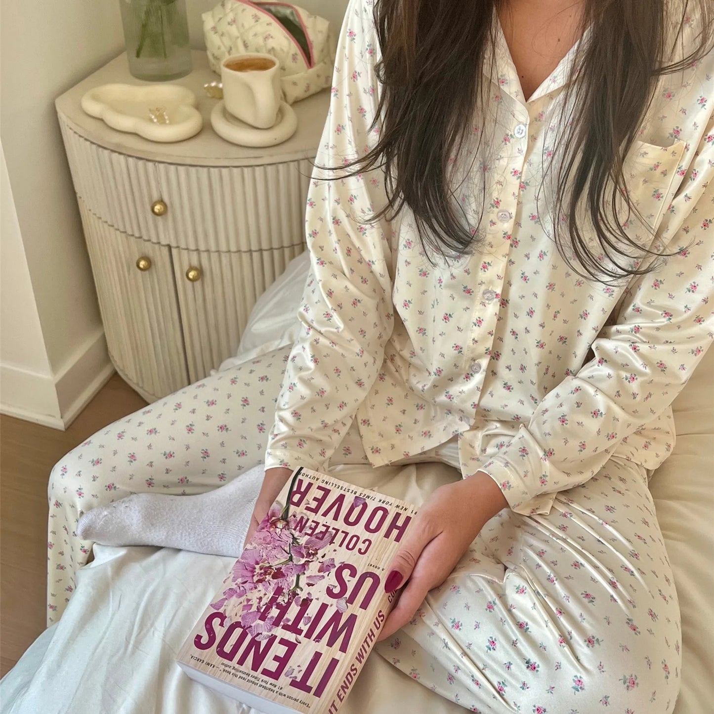 nvxiot - Women Pajamas Cute 2 Piece Set Y2K Vintage Print Button Up Long Sleeve Blouse T-shirt Tops+Pants Home Loungewear Sleepwear