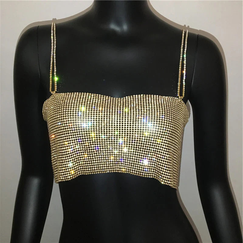 jinran Women Summer Shiny Crystal Chain Tank Top Silver Metal Mesh Halter Metallic Strap Crop Tops Vest Party Clubwear Outfits