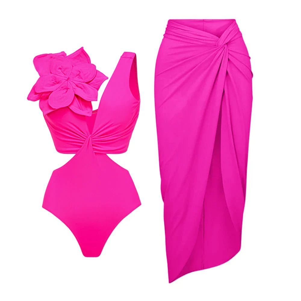 jinran 2024 One Piece Swimsuit Women Swimwear with Beach Skirt V Neck Bathing Suit Flower Beachwear Monokini Swim Summer