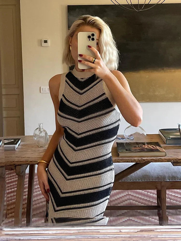 jinran Sexy Tight Striped Tassel Knitted Dress For Women Sleeveless 2024 Summer Fashion Beach Party Evening Long Knitwear Dress