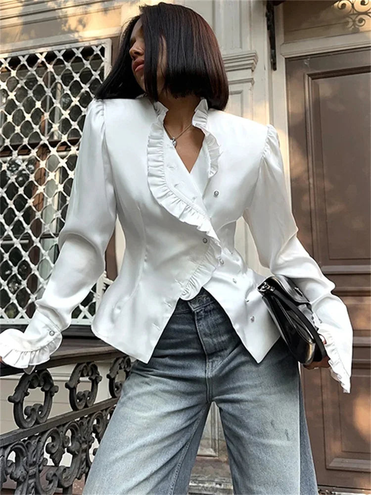 nvxiot - Fall Outfits 2024 White Ruffled Vintage Shirts For Women Patchwork V-Neck Long Sleeve Autumn 2024 Elegant Streetwear Female Cardigan Blouses
